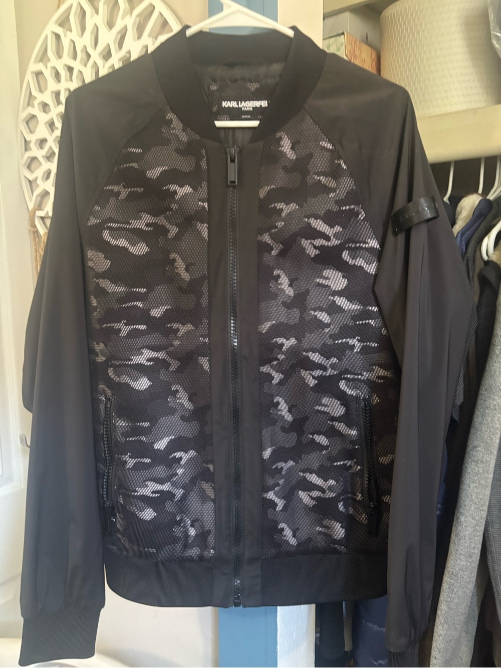 Karl Lagerfeld Black and Gray Camo Bomber Jacket